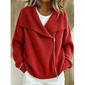 Women's Cardigan Fashion Daily Soft Ribbed Turndown Zipper Asymmetric Hem Textured Drop Shoulder Long Sleeve Long Tops Knit Daily Home Wine Red Black Fall Wint