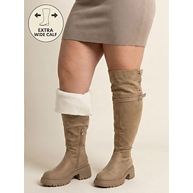 Women's Apricot Extra Wide Calf Over-the-Knee Boots with Buckle Straps, Side Zipper  Fold-Over Fleece Cuffs – Warm Lined Chunky Platform Boots for Daily Street