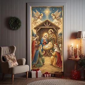 Christmas Front Door Cover, Nativity Scene 3D Optical Illusion, Holy Family Manger with Angels and Star, Religious Holiday Outdoor Door Decorations, Entryway D