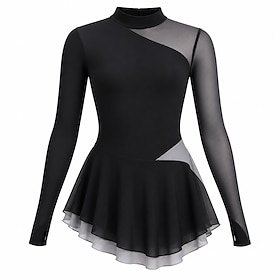 Figure Skating Dress Women's Ice Skating Dress Black Patchwork Asymmetric Hem Stretchy Training Competition Skating Wear Classic Long Sleeve Ice Skating Figure