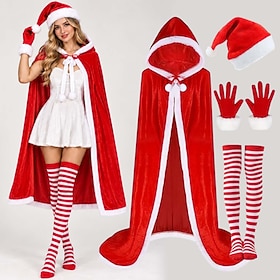 Set Christmas Cape Costume Christmas Hat Santa Claus Mrs. Claus Novelty Funny for Women's Adults Christmas New Year Party Performance Family Gathering Gloves S