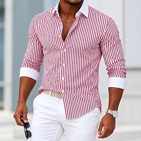 Men's Shirt Dress Shirt Non Iron Shirt Button Up Shirt Vertical Stripes Casual Daily Blue Light Blue Dark BlueRed Black Long Sleeve Turndown All Seasons Clothi