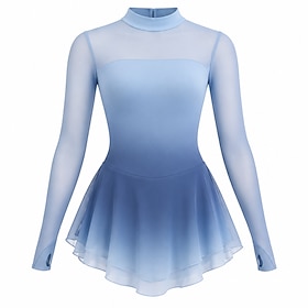 Figure Skating Dress Women's Ice Skating Dress Sky Blue White Patchwork Asymmetric Hem Stretchy Training Competition Skating Wear Classic Long Sleeve Ice Skati