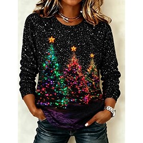 Christmas Women's T Shirt Print Graphic Christmas Tree Vintage Fashion Stylish Long Sleeve Crew Neck Regular Tops Casual Daily Weekend Blue Black Red Green Spr