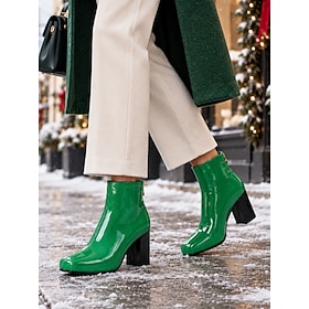 Grüne Lackleder-Ankle-Boots für Damen – elegante Weihnachtsstiefel mit Blockabsatz und warmem Futter Stiefeletten mit Reißverschluss hinten und eckiger Spitze