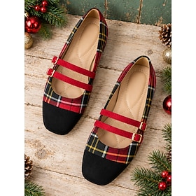 Women's Christmas Plaid Square Toe Mary Jane Flats – Festive Shoes Feature a Red Tartan Pattern, Black Cap Toes  Double Buckle Straps for Holiday Parties, Seas