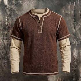 Men's Waffle T-shirt Waffle Henley Shirt Tee Top Long Sleeve Henley Fall Winter Spring Solid Color Traditional / Vintage Casual Double Layered Casual Home Out