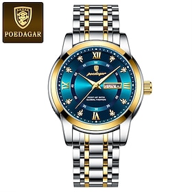 POEDAGAR Men's Quartz Watch, Blue Dial, Two-Tone Stainless Steel Bracelet, 30M Water Resistant, Luminous Hands, Mineral Glass, Classic Business Casual Analog W
