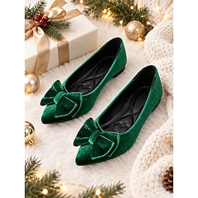 Women's Christmas Green Velvet Ballet Flats – Emerald Bow Detail Dress Shoes, Elegant Holiday Flat Shoes for Christmas Parties, Festive Gatherings, Vintage Sty