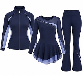 Figure Skating Dress with Jacket and Pants Women's Ice Skating Outfits Navy Patchwork Asymmetric Hem Stretchy Training Competition Skating Wear Classic Crystal