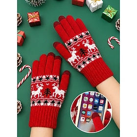 Women's Polyester Touchscreen Winter Gloves, Fleece-Lined Fair Isle Reindeer Knit Gloves, Full-Finger Thermal Gloves for Christmas, Commuting  Outdoor Wear, Mu