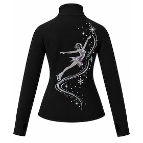 Figure Skating Fleece Jacket Women's Ice Skating Jacket Top Black Patchwork Stretchy Training Competition Skating Wear Crystal / Rhinestone Long Sleeve Ice Ska