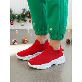 Women's Red Christmas Knit Slip-On Sneakers – Casual Shoes Feature a Stretch-Knit Upper, Sock-Like Collar  Chunky White Sole for Holiday Outings, Travel  Every