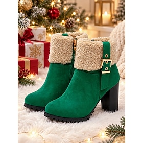 Women's Green Christmas Suede-Look Ankle Boots with Cream Fleece Cuffs, Side Zipper, Buckle Strap Chunky Block Heels – Festive Winter Boots for Holiday Outfit
