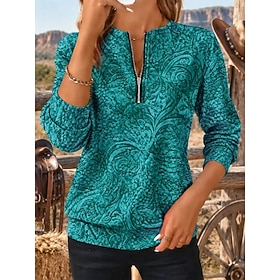 Women's Pullover Sweatshirt Zip Up Sweatshirts Zipper Print Floral Graphic Fashion Casual Long Sleeve Crew Neck Half Zip Regular Tops Street Dailywear Blue Pin