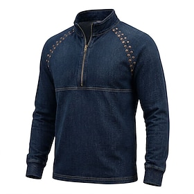 DenimTone Men's Denim Polo Casual Vacation Quarter Zip Long Sleeve Fashion Leisure Color Block Zip Up Classic Fall Winter All Seasons Regular Blue Navy Blue L