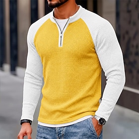 Men's Waffle T-shirt T Shirt Long Sleeve Quarter Zip Fake two piece Fall Winter Spring Fall Solid Color Textured Traditional / Vintage Casual Casual Home Outd