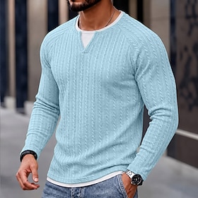 Men's Ribbed Knit tee Tee Top Long Sleeve Notched Fall Winter Spring Fall Plain Jacquard Textured Modern Casual Comfortable 2 in 1 Basic Casual Home Street Bl