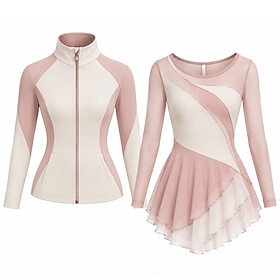 Figure Skating Dress with Jacket Women's Ice Skating Outfits Pink Patchwork Asymmetric Hem Stretchy Training Competition Skating Wear Classic Crystal / Rhinest