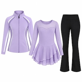 Figure Skating Dress with Jacket and Pants Women's Ice Skating Dress Outfits Light Purple Patchwork Asymmetric Hem Stretchy Training Competition Skating Wear C