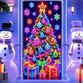 Blacklight Christmas Door Cover, Neon Christmas Tree with Gifts UV Reactive Front Door Banner, 3D Optical Illusion Holiday Door Decoration for Entryway Porch D