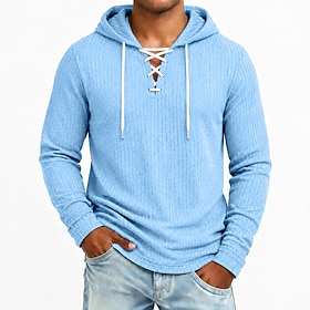 Men's T Shirt Ribbed Knit tee Long Sleeve Hooded Fall Winter Spring Fall Solid Color Textured Warm Traditional / Vintage Casual Hooded Plain Casual Home Outdo