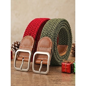 Men's Braided Stretch Belt Polyester Elastic Woven Belt No Hole Adjustable Casual Belt with Classic Metal Buckle Multiple Colors for Jeans Chinos Golf Travel D
