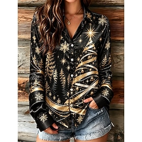 Christmas Women's Shirt Satin Top Satin Shirt Graphic Santa Claus Christmas Tree Vintage Stylish Modern Long Sleeve Shirt Collar Regular Tops Casual Daily Part