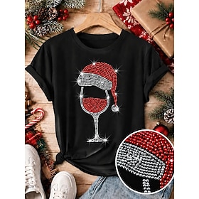 Christmas Women's Sequins Rhinestone Summer Tops Rhinestone Graphic Wine Glass Daily Basic Fashion Stylish Short Sleeve Crew Neck Regular Tops Casual Black Sum