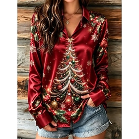 Christmas Women's Shirt Satin Top Satin Shirt Graphic Santa Claus Christmas Tree Vintage Stylish Modern Long Sleeve Shirt Collar Regular Tops Daily Party Holid