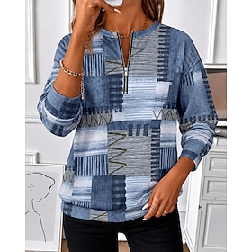 Women's Pullover Sweatshirt Zip Up Sweatshirts Patchwork Zipper Print Graphic Geometric Color Block Fashion Casual Long Sleeve Crew Neck Regular Tops Street Da