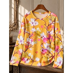 Women's 100% Cotton Cotton Shirt Floral Graphic Plants Stylish Classic Casual Long Sleeve Crew Neck Round Neck Regular Tops Casual Blue Yellow Pink Purple Spri