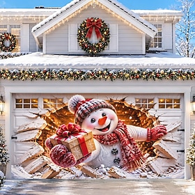 Christmas Garage Door Cover, 3D Santa Claus Breaking Through Snow Wall Design, Christmas Garage Banner with Snowman and Winter Wonderland Scene for Outdoor Hol