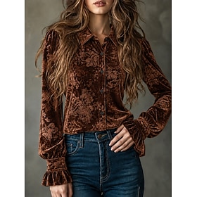 Christmas New Year Women's Shirt Floral Graphic Elegant Stylish Modern Long Sleeve Shirt Collar Regular Tops Daily Work Party Evening Wear Brown Spring Fall Wi