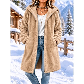 Women's Sherpa Jacket Comfortable Breathable Zipper Casual Casual Outdoor Vacation Street Zipper Long Hooded Long Sleeve Outerwear Blue Khaki Purple Spring Fal