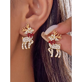 Women's Alloy Christmas Reindeer Stud Earrings, Gold-Tone Rhinestone Deer Earrings with Red Bow, Festive Holiday Jewelry for Christmas Parties, Winter Gatherin
