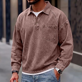 DenimTone Men's Denim Polo Casual Vacation Turndown Long Sleeve Fashion Leisure Solid Color Pocket Classic Fall Winter Autumn Regular Black Navy Blue Purple B