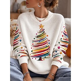 Christmas Women's Sweater Daily Casual Graphic Christmas Tree Ribbed Crew Neck Knitted Print Long Sleeve Regular Tops Knit Outdoor Weekend White Red Fall Winte
