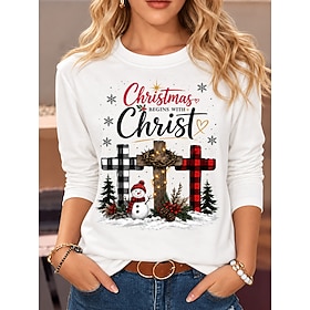 Christmas Women's T Shirt Print Graphic Letter Vintage Fashion Stylish Long Sleeve Crew Neck Regular Tops Casual Daily Weekend White Black Red Spring Fall Wint