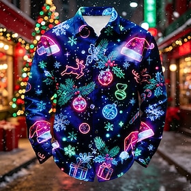 Herren Schneeflocke Weihnachtsszene Weihnachtslicht Hemd Langarm Modisch lässig Lässig Täglich Sommer Herbst Winter Umlegekragen Knopf hoch Fronttasche Blau