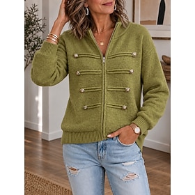 Women's Cardigan Sweater Knit Sweater Streetwear Daily Work Solid Color Ribbed Stand Collar Buttons Long Sleeve Regular Tops Knit Home Work Date Green Fall Win