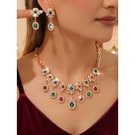 Women's Christmas Rhinestone Jewelry Set, Red Green Crystal-Look Statement Necklace  Dangle Earrings, Elegant Gold Tone Alloy Holiday Party Jewelry for Christm