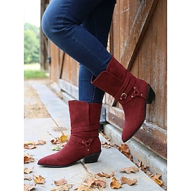 Women's Mid-Calf Riding Boots – Vintage Pointed Toe Boots with Wraparound Harness Straps  Buckle Detail, Chunky Heel Country Boots for Fall, Casual Walking, Ra