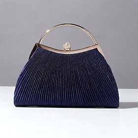 Women’s Navy Pleated Velvet Clutch with Gold Handle and Rhinestone Clasp