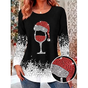 Christmas Women's Sequins Rhinestone T Shirt Print Snowflake Wine Glass Stylish Classic Casual Long Sleeve Crew Neck Regular Tops Casual Daily Blue Black Red G