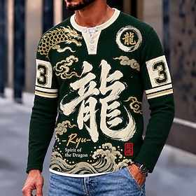Men's Chinese character Waffle Henley Shirt Casual Style Classic Style Long Sleeve Fashion Designer Casual Casual Daily Outdoor Winter Spring   Fall Green Roun