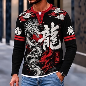 Men's Chinese character Waffle Henley Shirt Casual Style Classic Style Long Sleeve Fashion Designer Casual Casual Daily Outdoor Spring Fall Black Henley Henl