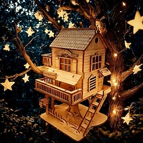 DIY Wooden Treehouse Miniature House Kit, Multi Level Fantasy Cabin Building Model with Balcony and Stairs, 3D Wooden Puzzle Craft Kit for Adults, Creative Des