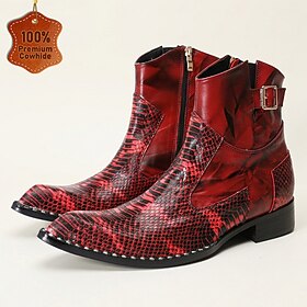 Men's Genuine Leather Red Black Snakeskin Embossed Chelsea Boots Pointed Toe Ankle Dress Boots Slip On Vintage Luxury Fashion Boots for Christmas Party Wedding