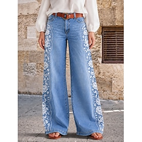 Women's Jeans Denim-look Wide Leg Chinos Vacation Vintage Basic Full Length High Waist Floral Graphic Flower / Floral Print Breathable Inelastic Daily Daily We
